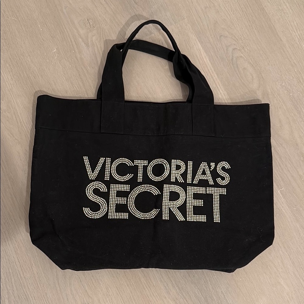 Victoria's Secret Black Tote Bag with Textured Fabric and Short Handles